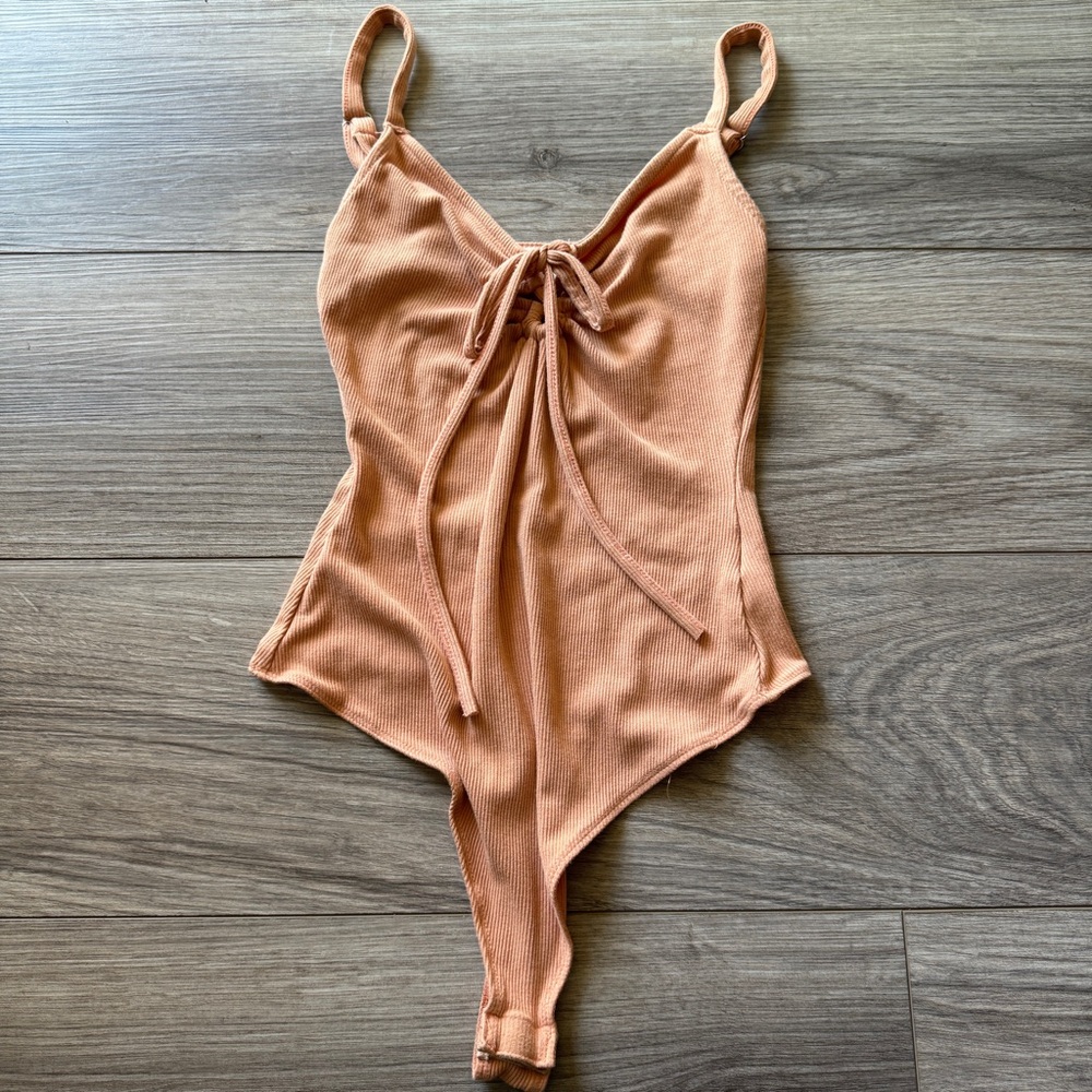 Ribbed tie front thong bodysuit